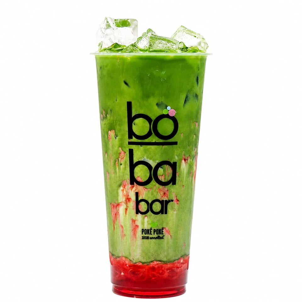 Iced matcha latte with strawberry puree and the Boba Bar logo on a white background.