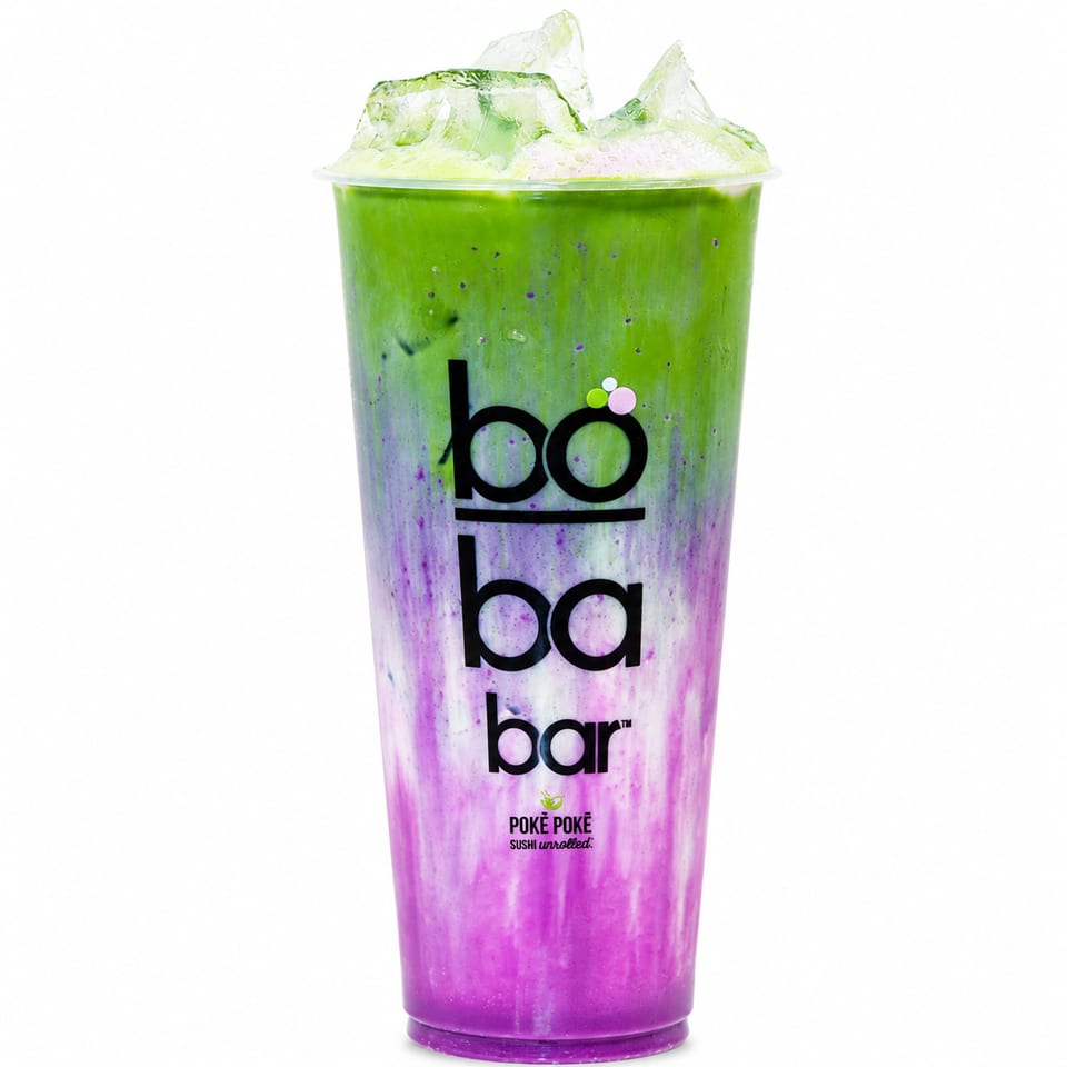 Vibrant green and purple layered Boba Bar drink with ice, on a white background.