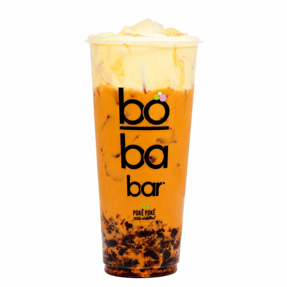 Boba Bar's Thai Iced Tea with cheese foam and tapioca pearls in a clear cup.