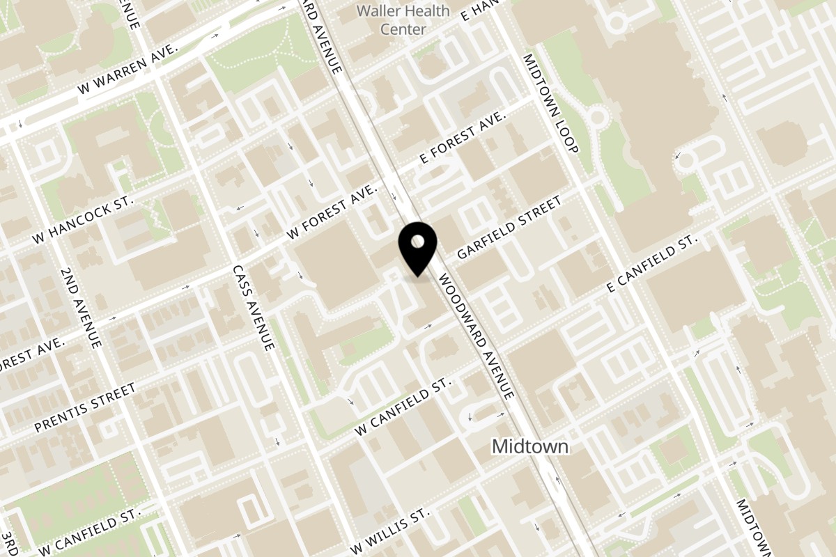 Map showing the location of Poke Poke - Sushi Unrolled Midtown Detroit on 4501 Woodward Ave in Detroit