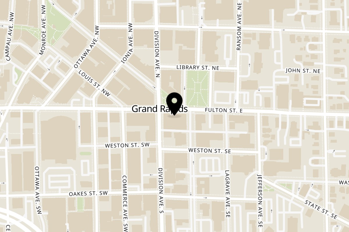 Map showing the location of Poke Poke - Sushi Unrolled Grand Rapids on 20 Fulton St E in Grand Rapids